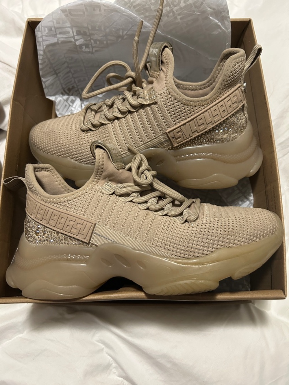 Steve Madden Beige Knit Chunky Lace-Up Sneakers with Glitter Heel